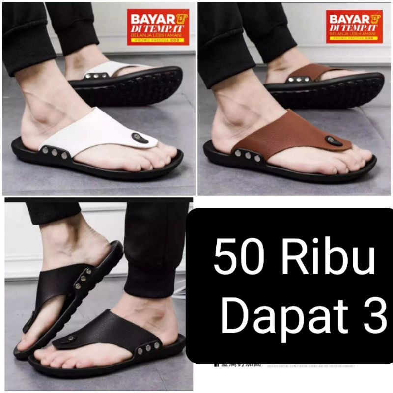 Sandal Jepit Pria New Tres Kulit Sintetis Premium Sendal Korea Cowok Sol Karet