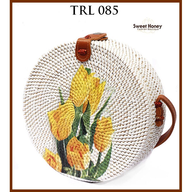 Sweet Honey ~ Grosrir Tas Rotan Bali Bulat Deco Lukis Bunga Tulip Decoupage TRL085 [Bisa COD Bayar ditempat]