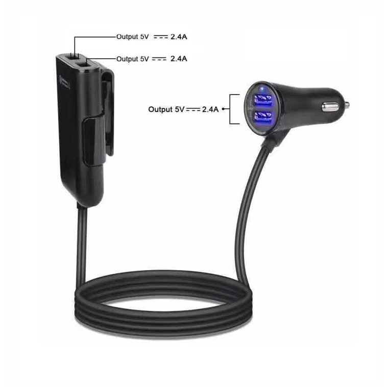 4 Port Car Charger Extended USB Charger Mobil Penumpang Belakang 1.8M