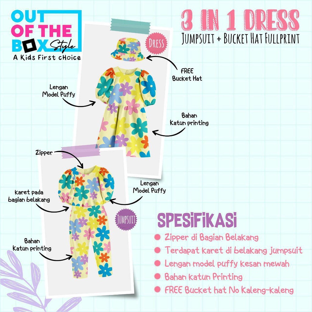 Dress anak 3in1 Dress + Jumpsuit + Bucket hat by OOTB