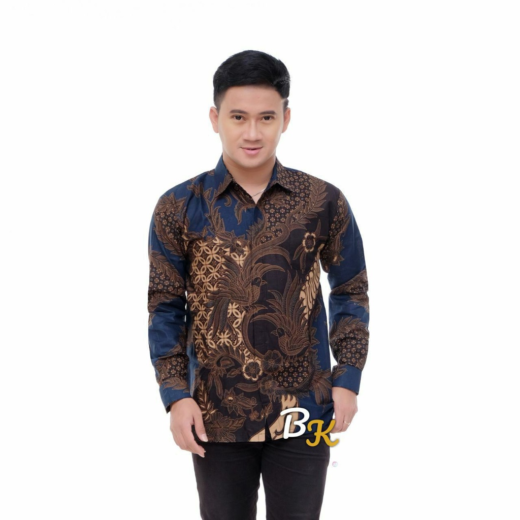 Batik Pria Lengan Panjang BATIK BERKAH HRB026 motif KERATONAN Kode 002 size M L XL XXL Reguler-glatik biru