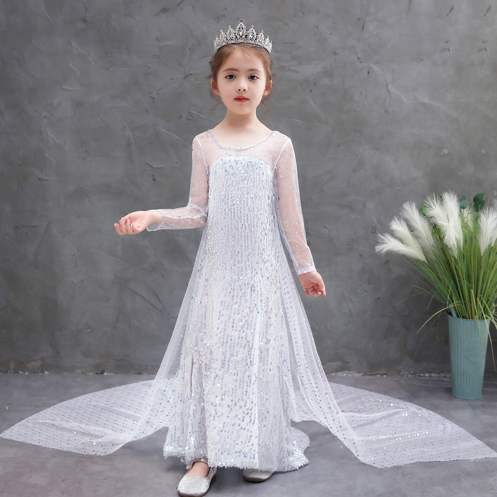 Putri Beku 2 Elsa Dress Gadis Gaun Gadis Kostum Gaun Berpayet Gaun Putih