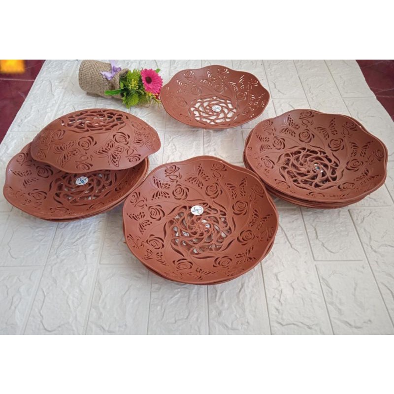 Piring rotan plastik motif bunga ecer / piring plastik