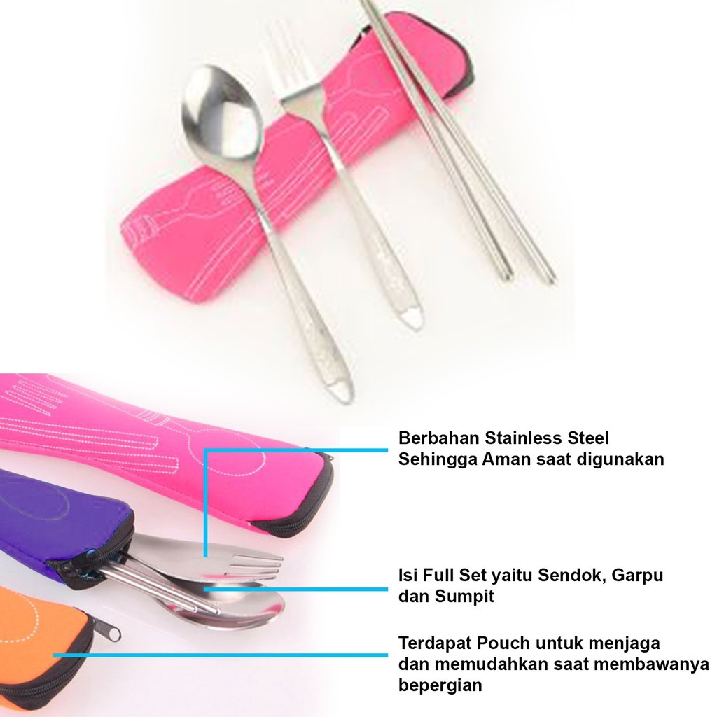 3 Pcs Sendok Garpu Sumpit Model Portable Untuk Travelling Steinless Steel Model Pouch