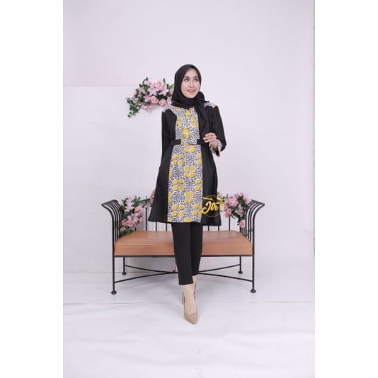 tey-17 Batik wanita ASJ SA HRB026 Kenongo Kemeja Tosca Pendek-azzura kuning