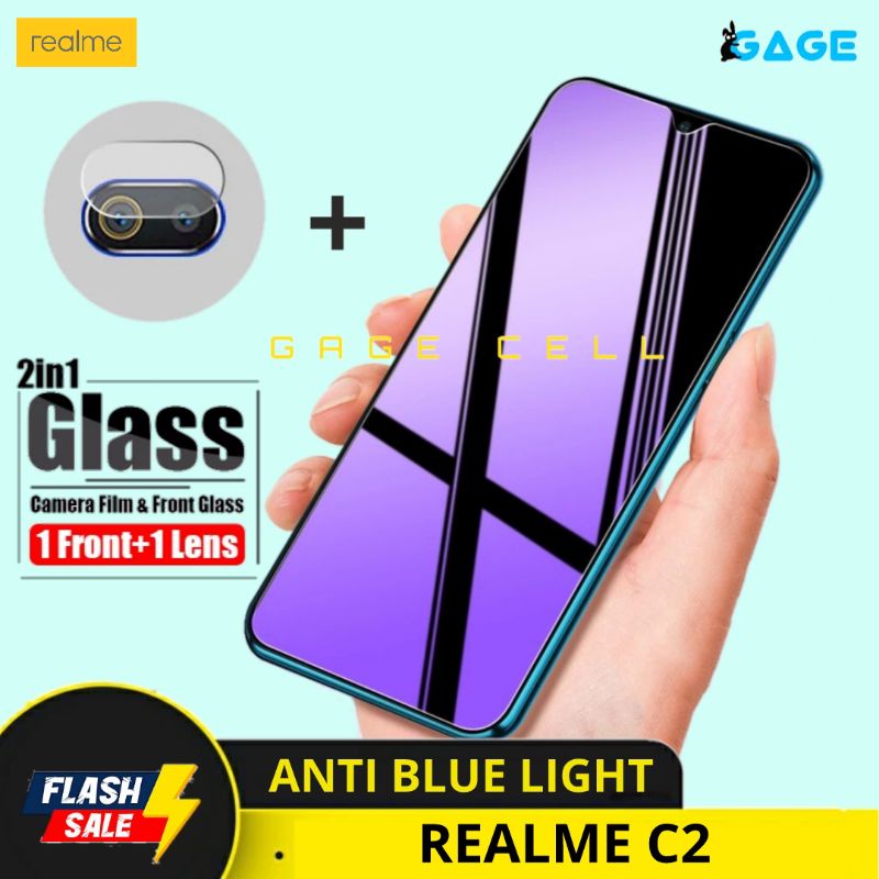 2in1 TEMPERED GLASS TG ANTI GORES BLUE LIGHT FULL LAYAR KAMERA REALME C2 C3 SCREEN PROTECTOR