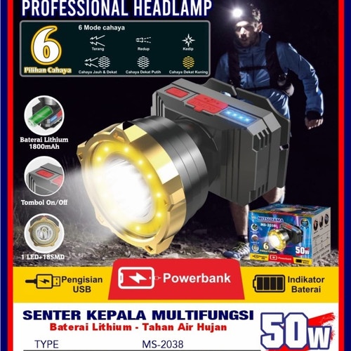 Senter Kepala 50 Watt 6 Varian Cahaya ( 6mode ) Mitsuyama MS-2038 cahaya putih dan kuning murah dan berkualitas