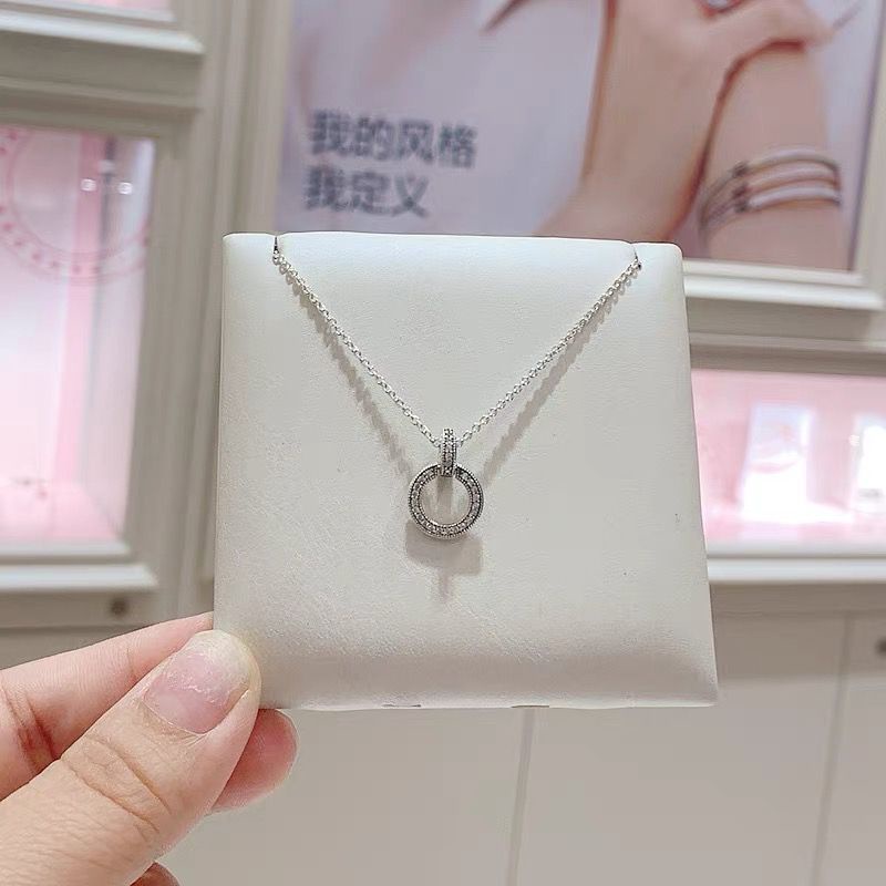 Pandora Kalung 925 Silver Micro-Set Liontin Cincin Ganda Aksen Berlian Untuk Wanita