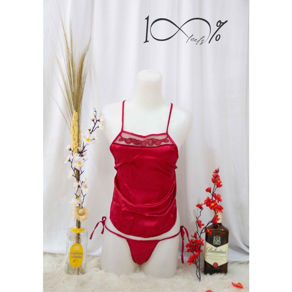 Women Sexy Lingerie Chinese Satin Bellyband Halterneck Dudou Thong  Nightwear Set 