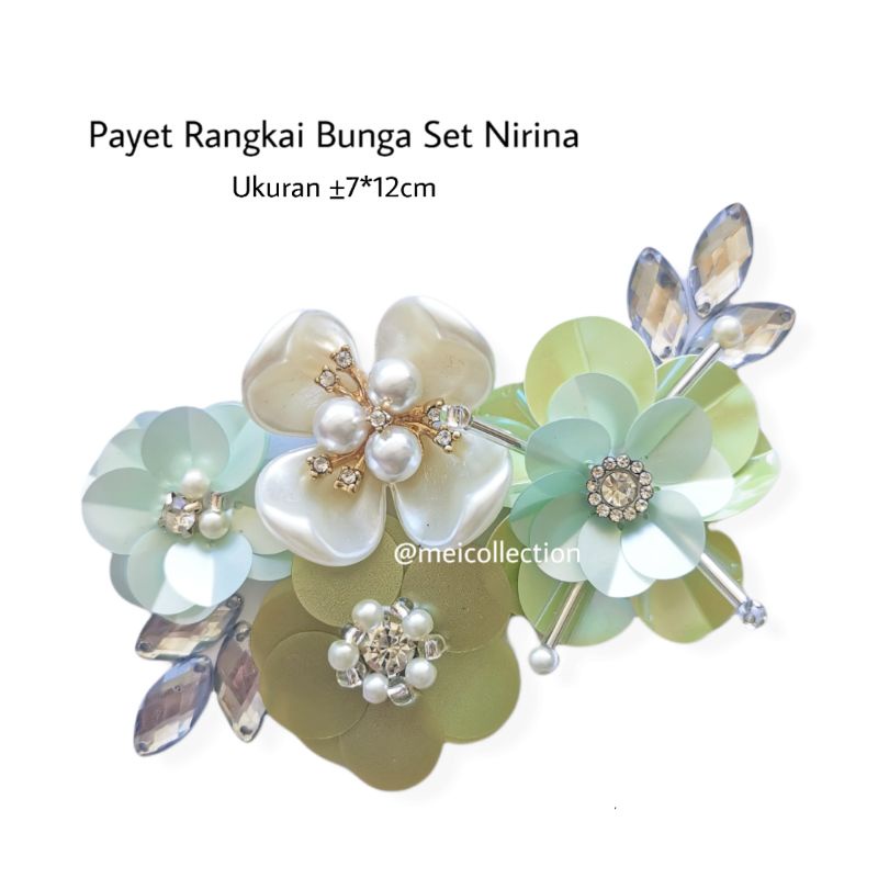payet rangkai bunga 3D APBR nirina mint green hijau