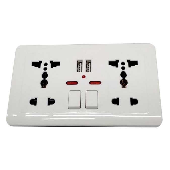 Stop Kontak Dinding Universal UK EU US 2 Slot with 2 USB On Off Switch