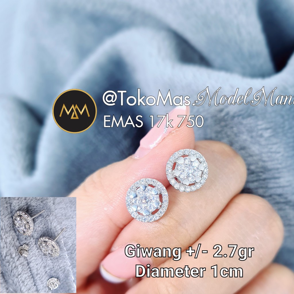 Anting tusuk giwang bulat diamond looks emas putih 750 kadar 17k