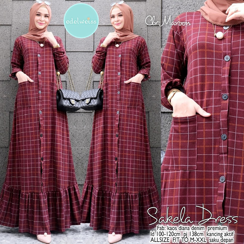 LONG DRESS WANITA MOTIF KOTAK FULL KANCING BUSUI FRIENDLY BAHAN KAOS DIANA DENIM PREMIUM SERI SAKELA
