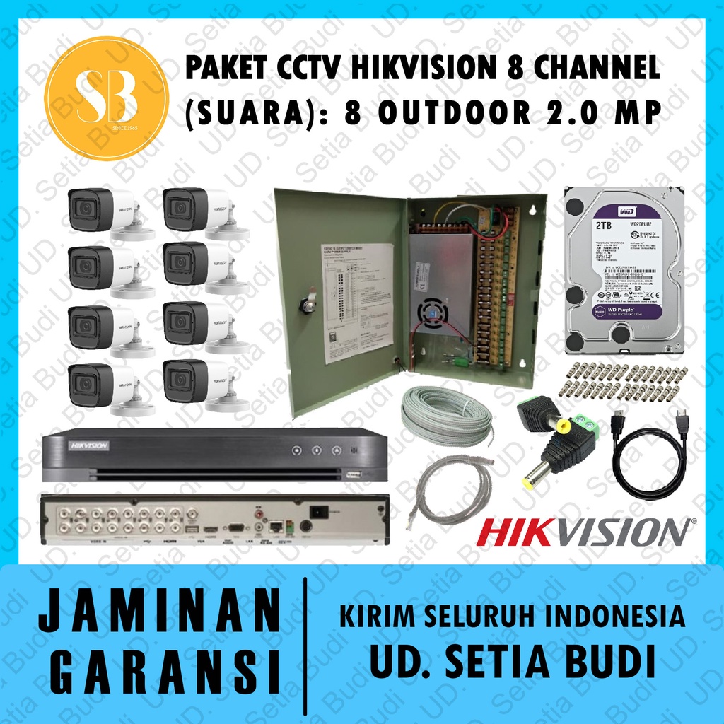 Paket FULL CCTV Hikvision 8 Channel (Suara): 8 Outdoor 2.0 MP