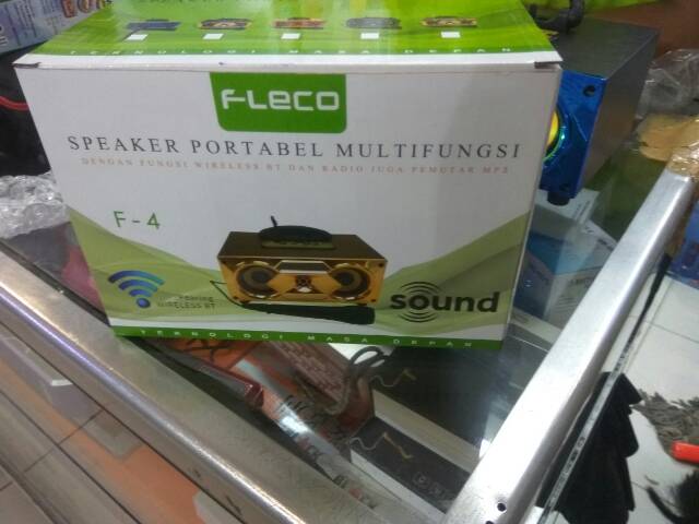 SPEAKER BLUETOOTH FREE MIC FLECO F4 BT RADIO FM/SALON AKTIF PORTABLE SUPER BASS USB  MP3 MOTIF KAYU