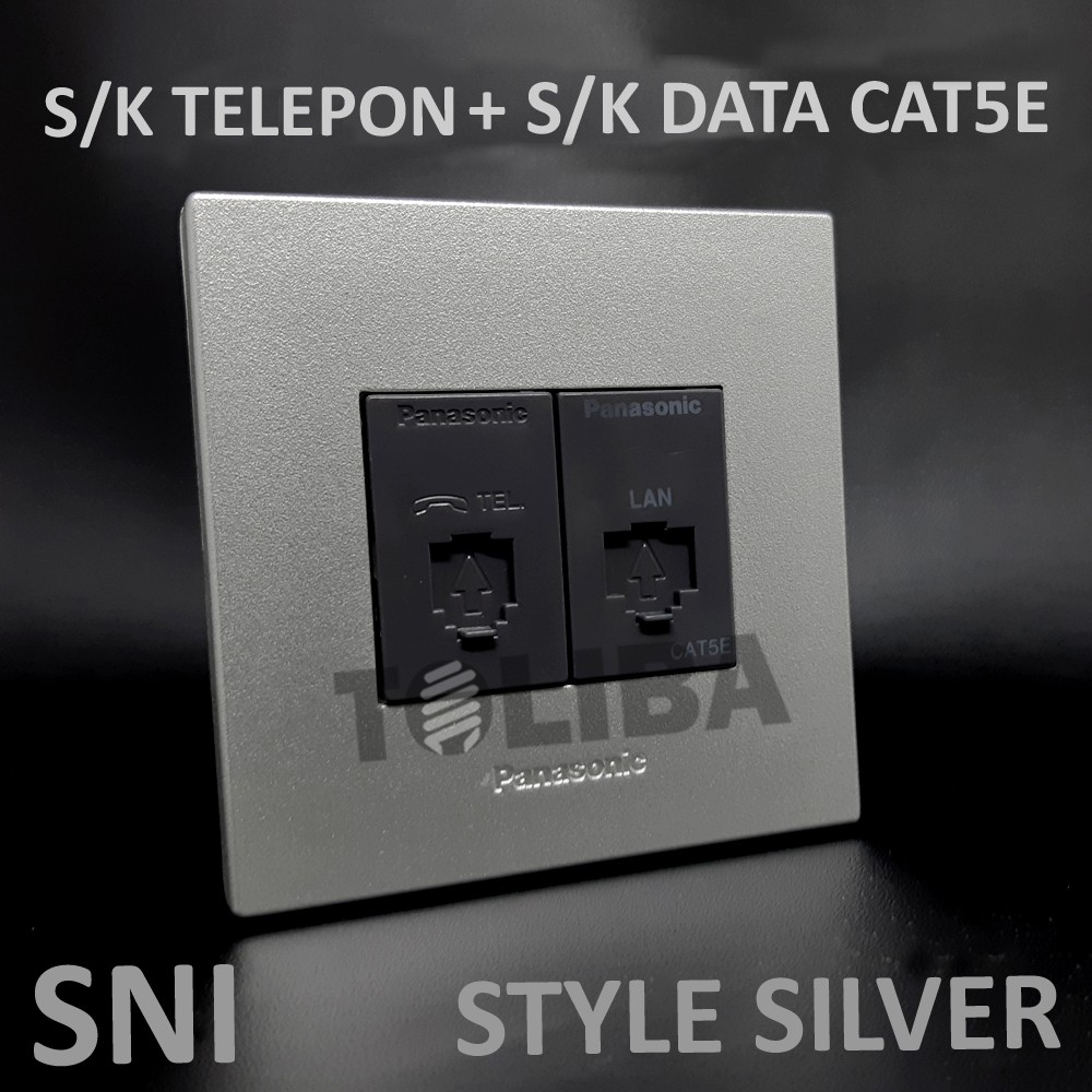 stop kontak telepon + stopkontak data cat5e 8p silver panasonic / stop kontak panasonic internet sni