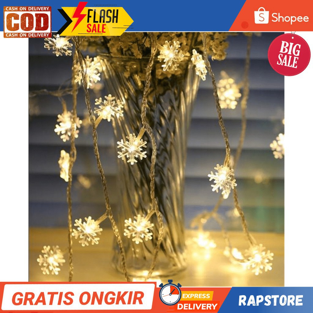 Lampu Hias Dekorasi Snowflake Christmas Light Battery 20 LED HH-002 Warm White Grab Medan