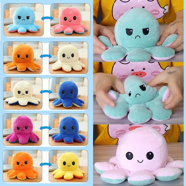 20cm Mainan Double-Sided Flip Reversible Octopus Plush Toy Marine Life Stuffed Animals Doll Boneka