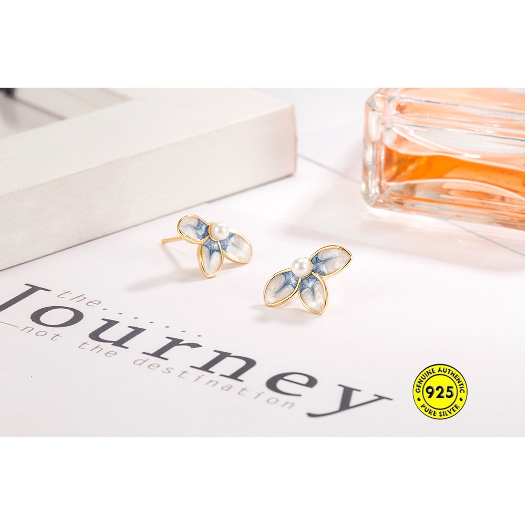 Anting Tusuk Motif Bunga Hias Mutiara Imitasi Warna Biru Muda Untuk Wanita / Musim Panas U928