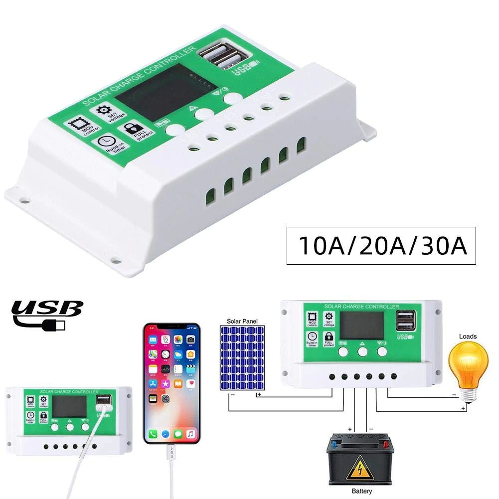 Solar Panel Charge Controller PWM Battery Charger for Lead Acid Battery Li-ion Lithium Batteries 30A 20A 10A 12V 24V