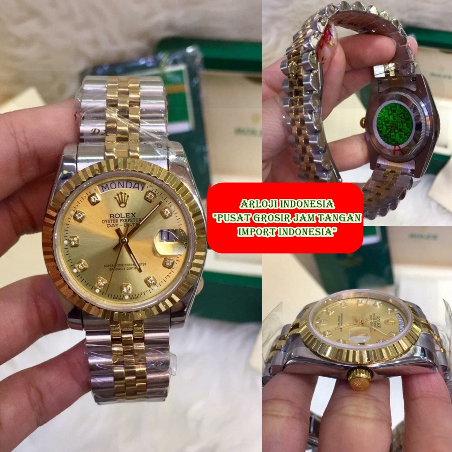 Cash Back Jam Tangan Pria ROLEX DayDate Gold Combi 36 SWISS ETA 1:1 Garansi 1th