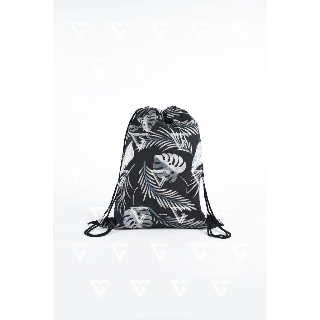 Tas Serut Gymsack Pria Wanita Motif Keren Kanvas Import Korea Floral Hitam