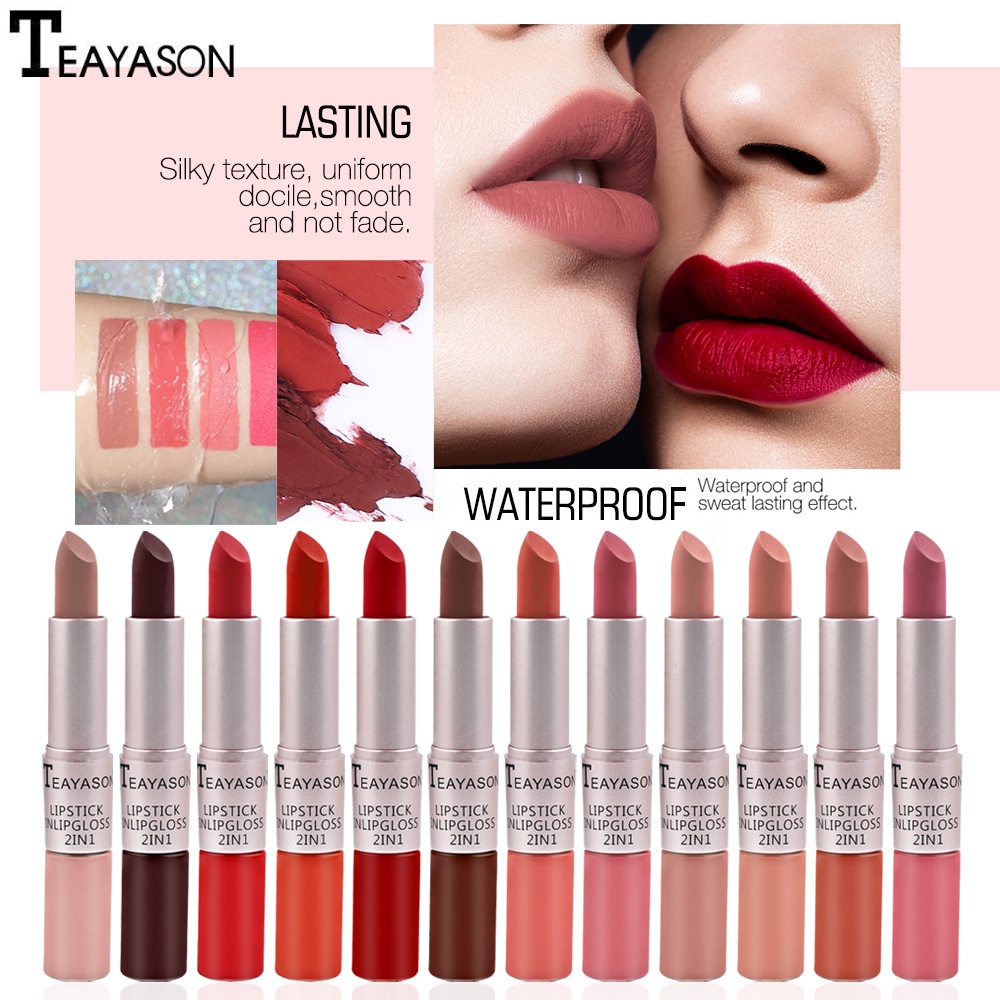 RK 10 teayason 2 In 1 Ganda Kepala Tahan Lama Matte Pasta Kacang Warna Matte Lip Gloss Lipstik Bibir