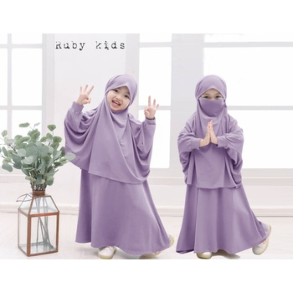 FenishaStore Baju Gamis Syar’i Jilbab Cadar Set Anak Perempuan Ruby Kids Usia 5-7 Tahun