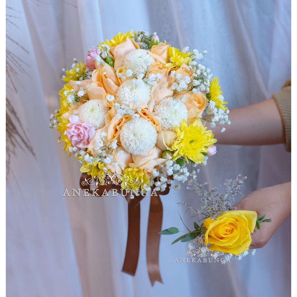Buket Bunga Pernikahan Asli Fresh Wedding Corsage Bouquet Flower Bucket Korsase Pengantin Kuning box