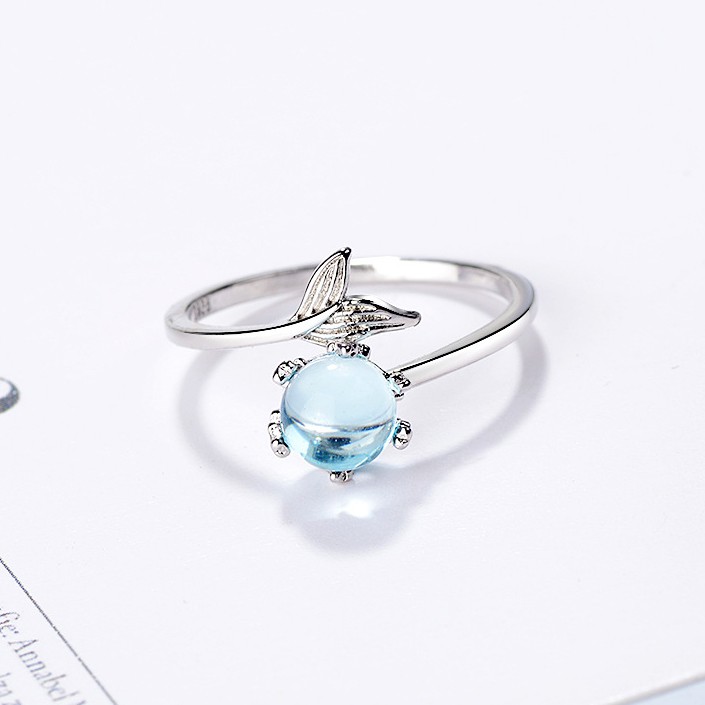 Cincin Open Ring Adjustable Desain Mermaid Lapis Silver Hias Kristal Untuk Wanita