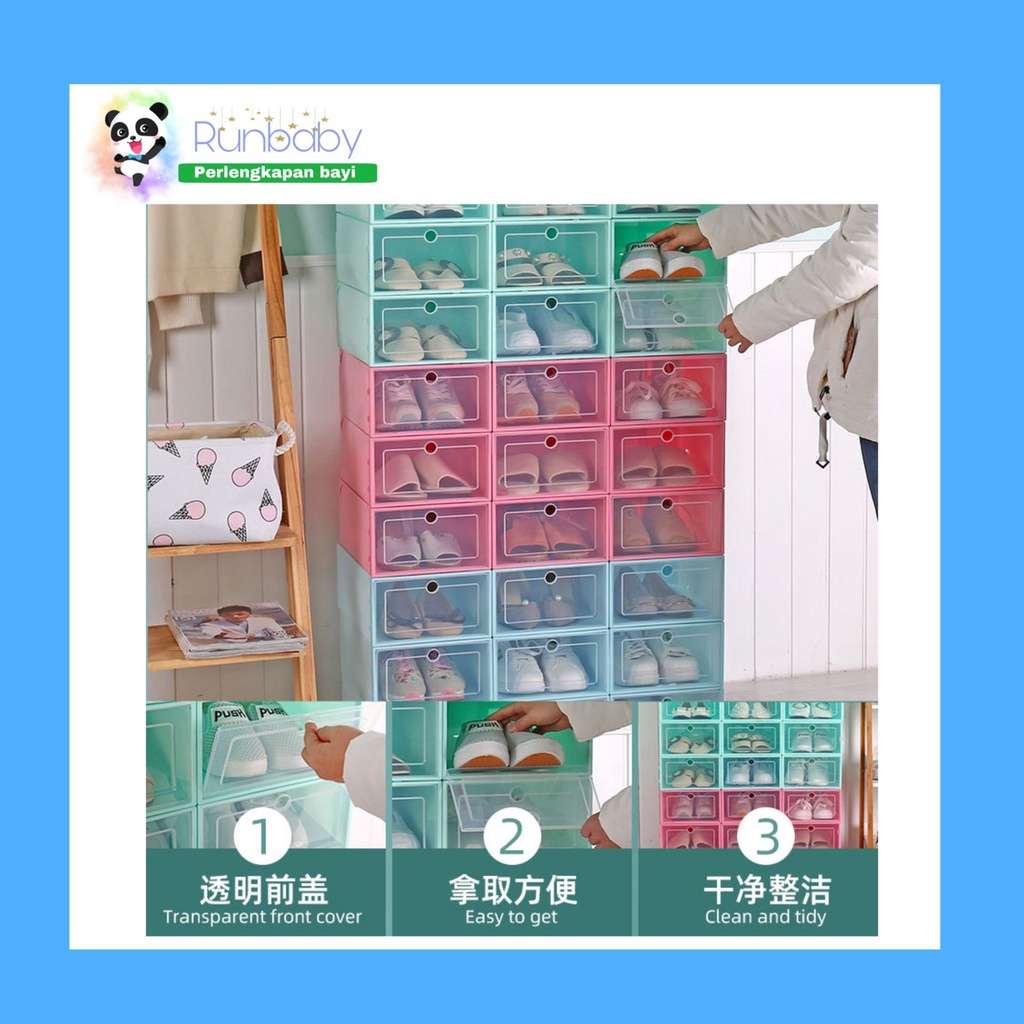 RUN60 KOTAK SEPATU LIPAT TRANSPARAN TEBAL SHOES STORAGE BOX ORGANIZER ANAK