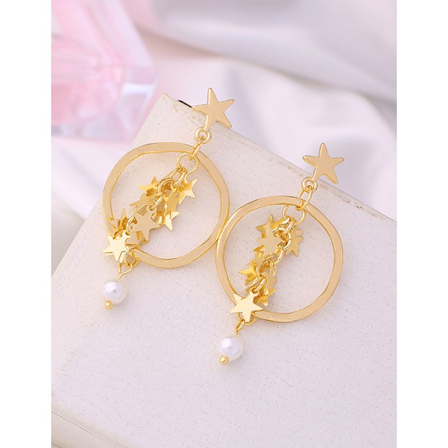 LRC Anting Tusuk Fashion Gold Star Circle Pearl Earrings F94058