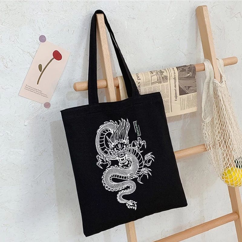 Nudie Bag Resleting Tas tote bag Tas Kanvas Gambar Naga Tas Pembelanja Tas Wanita Gaya Punk Gotik Kapasitas Besar Harajuku Tas Bahu Klasik Tas Tangan Pakai Resleting