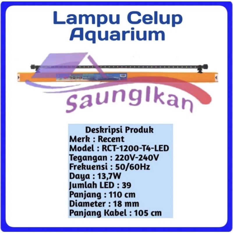 Lampu LED Celup RECENT cahaya PUTIH FULL 120cm Aquarium aquascape RCT 1200 T4 120