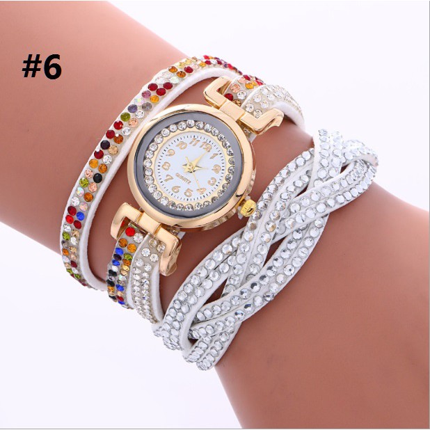 Jam Tangan Lilit Gelang Wanita #56 RAINBOW Korea Fashion Women Bracelet Watch Kulit PU Rhinestone