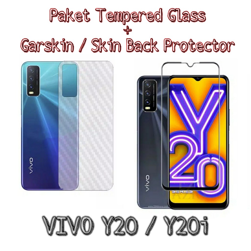 Tempered Glass Vivo Y20 / Vivo Y20i Paket Back Skin Carbon Handphone