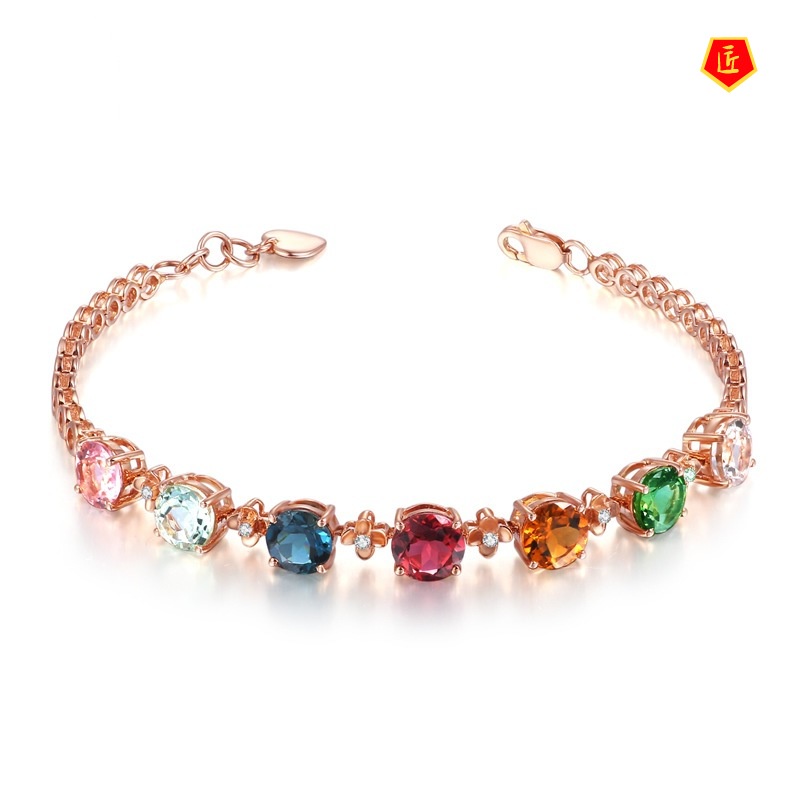 [Ready Stock]Inlaid Colored Gem Tourmaline Bracelet 18K Gold