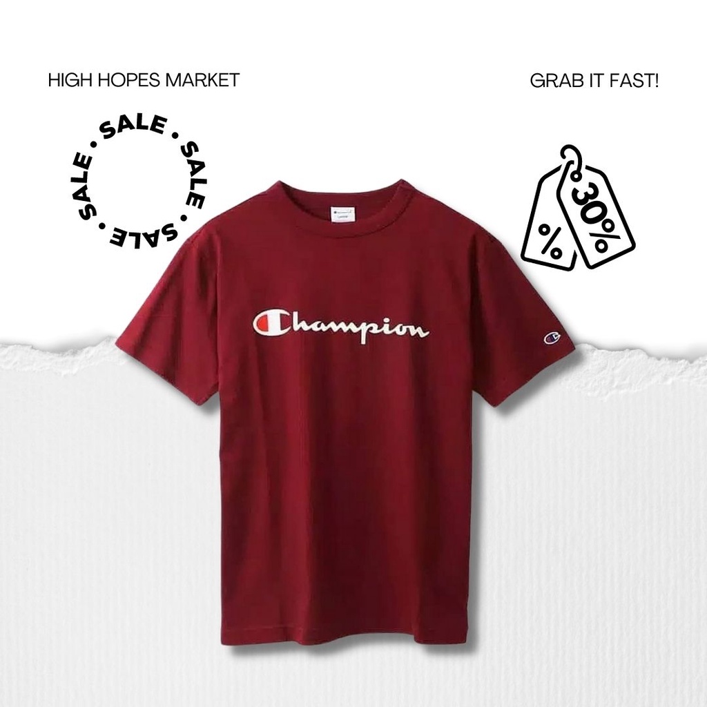 TSHIRT / TS / KAOS CHAMPION BIG LOGO SCRIPT JAPAN MARKET MAROON ORIGINAL (COD)