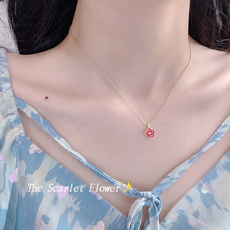 Kalung Rantai Dengan Liontin Bunga Peach Blossom Warna Pink Untuk Wanita