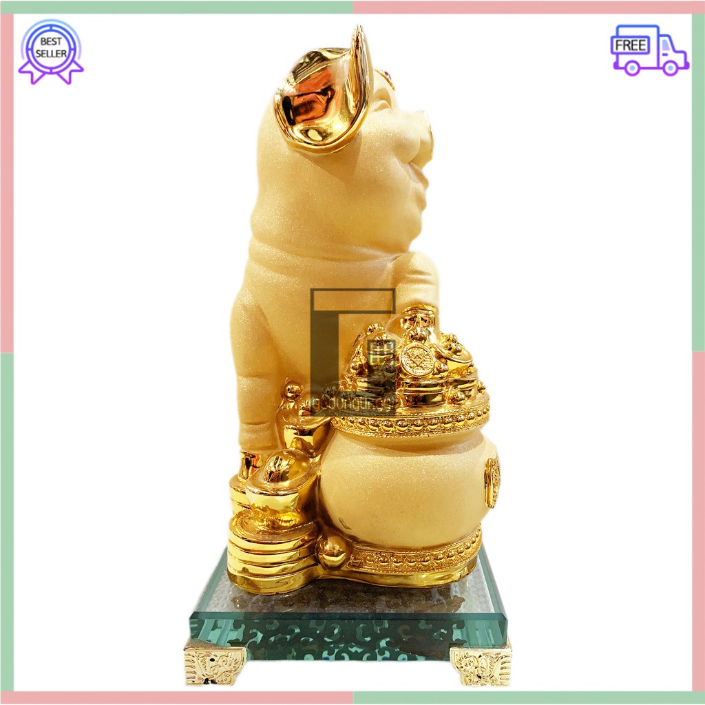 Patung Pajangan Imlek Shio Babi Yenpao Chrome Emas Gold Resin Hoki Rejeki Fengshui Lucky 12 Zodiak