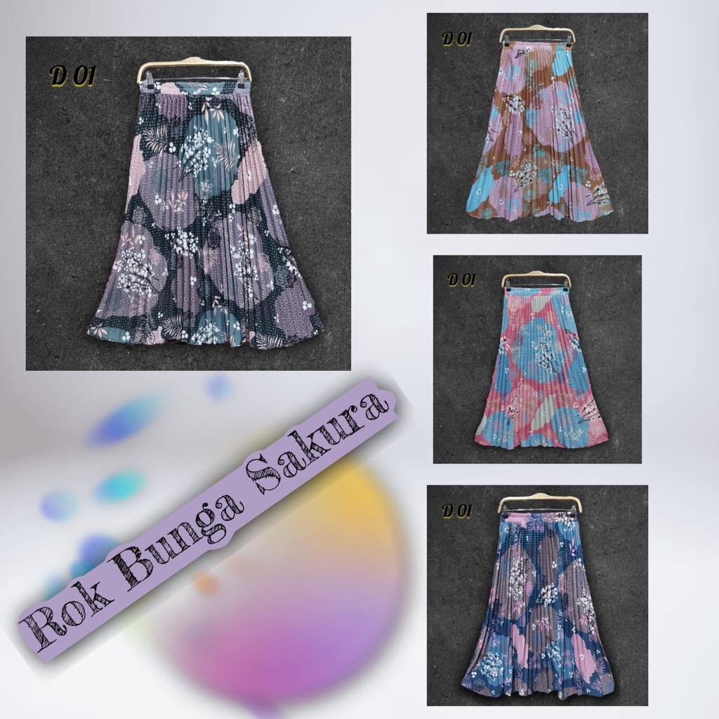 [ D-01 ] Rok Plisket Payung Motif Bunga Sakura / Rok Muslim Bunga Sakura