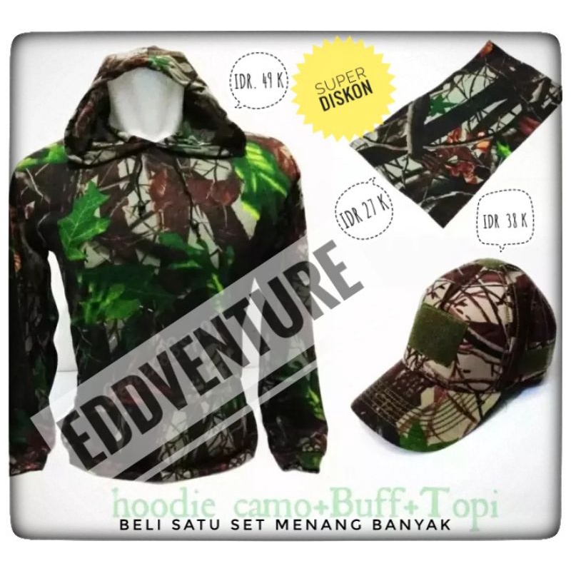 Satu Set Setelan Baju Kaos Hoodie Topi Buff Loreng Camo Perbakin Satu Stel Seragam Berburu Hunting Hutan Kamuflase Tactical Outdoor