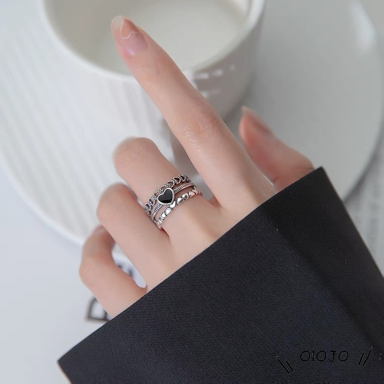 【COD】Korea Retro Hitam Cinta Paduan Cincin Pembukaan Kepribadian Wanita Fashion Aksesoris