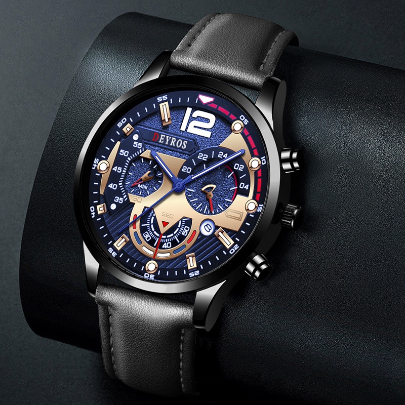 HARGA TERBAIK✅ Jam Tangan Pria Elegan Aksen Emas Tali Kulit Premium Kombinasi Sempurna Gaya Mewah Fungsionalitas Klasik JPD-02