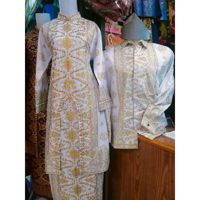 couple Set Songket Palembang Kurung u  putih gold  mewah dan terbaru-baju kondangan modern