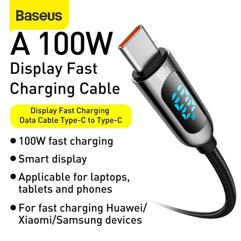 BASEUS KABEL CHARGER TYPE-C TO TYPE-C 100W LED DISPLAY FAST CHARGING