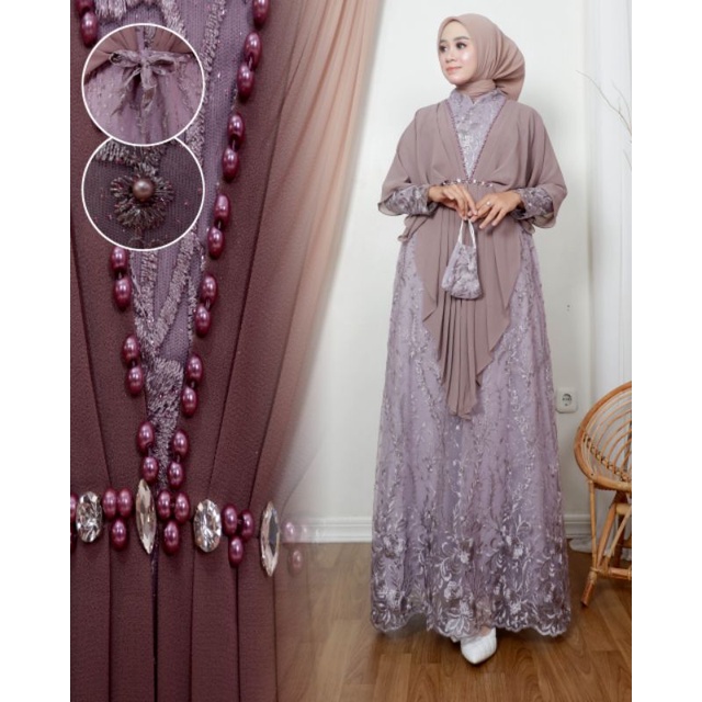 Gamis motif sakura combi tile mutiara dada/Gamis kondangan formal/Gamis