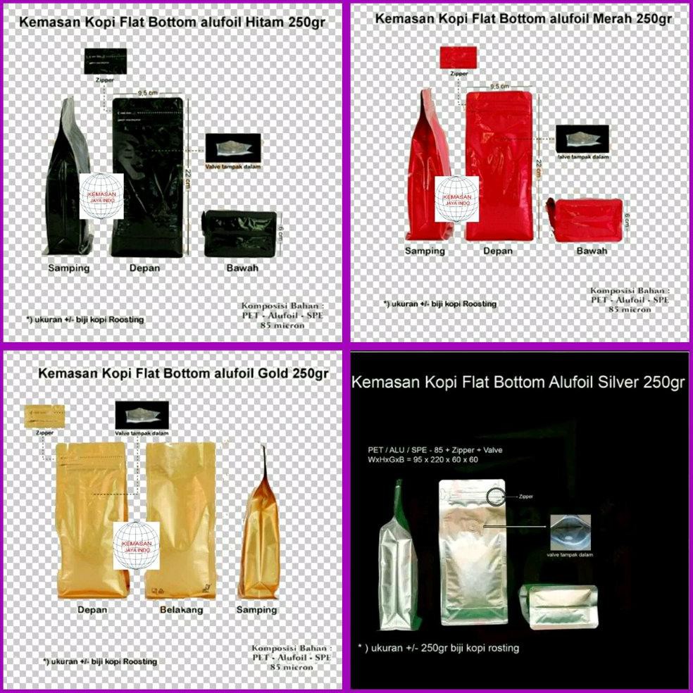 Jual Kemasan Kopi Flat Bottom Alufoil 250 gr Zipper n Valve.flat bottom hitam.flat bottom merah.flat