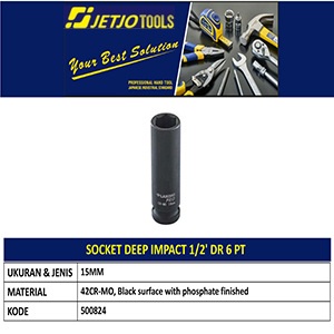 Impact Socket 15mm JETJO TOOLS 500824 / 1/2" Socket Deep Impact DR 6 PT LAKONI PRO