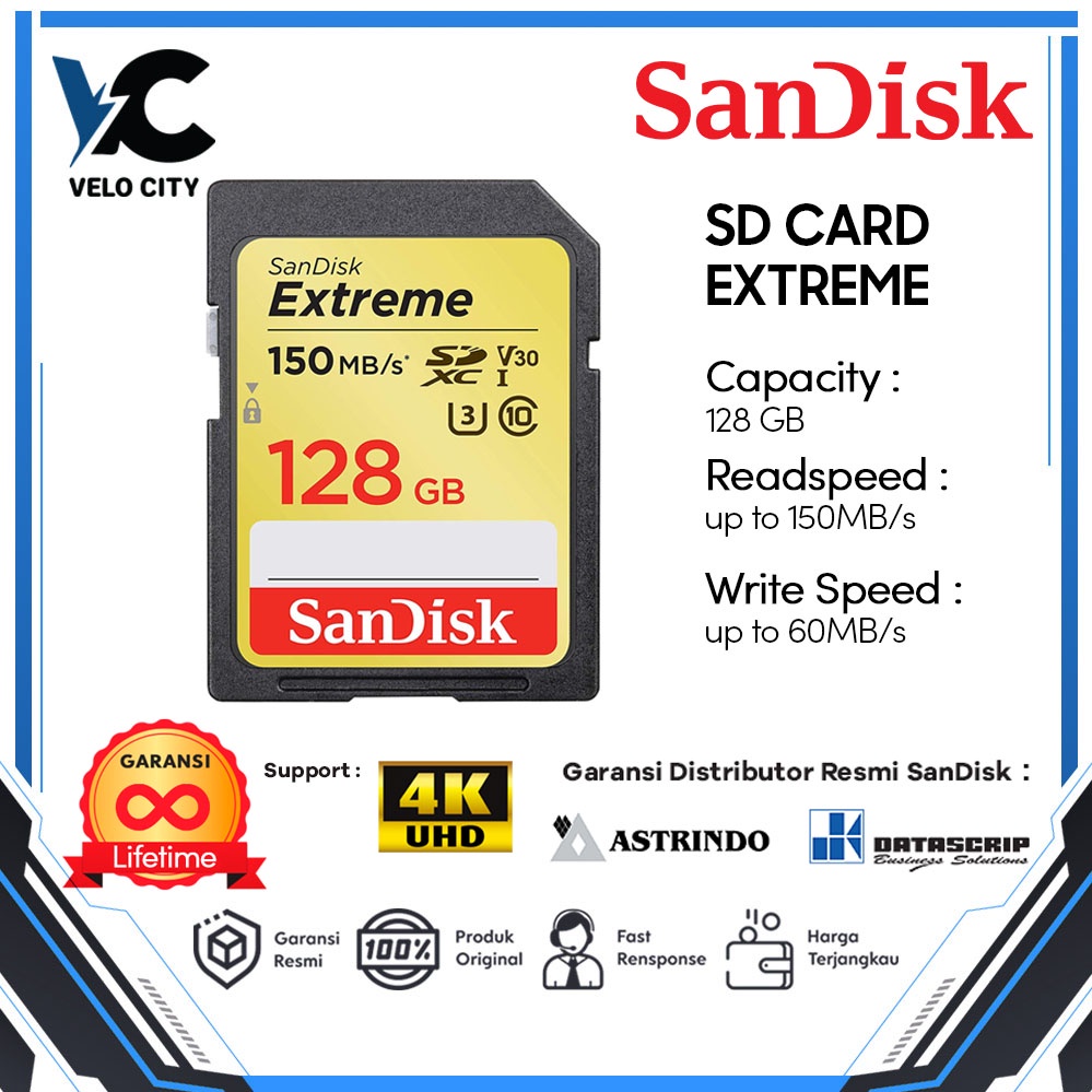 SD Card SanDisk Extreme 128GB SDHC UHS-I 4K U3 up to 150Mbps Original Garansi LIFE TIME